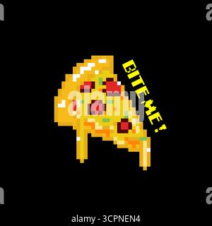 Pixel Art Pizza Slice with Bite Me Text Vector Illustration Cartoon Design Stock Vector