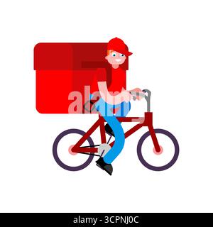 Food delivery courier riding a bicycle with a large red backpack, symbolizing fast urban delivery, logistics, and modern city service industry. Stock Vector