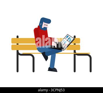 man sitting on a bench with a laptop. Symbol of freelance, mobile office, remote work, and modern digital lifestyle. Stock Vector