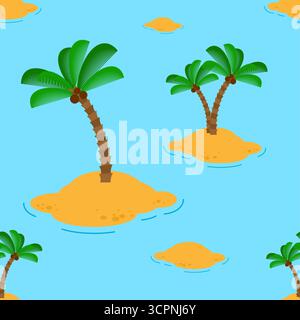 Seamless tropical pattern with palm trees and small islands in the ocean. Perfect for travel, vacation, summer, textiles, wallpapers, and exotic desig Stock Vector
