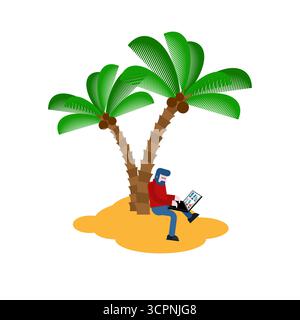 man working with laptop under palm tree on tropical island. Symbol of remote work, freelance lifestyle, and digital nomads. Perfect for travel, work, Stock Vector
