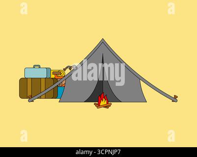 Camping tent and fire. Camping scene with a tent, campfire, and travel backpack in nature, symbolizing outdoor adventure, hiking, tourism, eco-friendl Stock Vector
