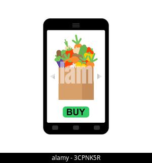 smartphone with online grocery shopping. Symbol of digital commerce, delivery services, and modern retail. Perfect for e-commerce, apps, and marketing Stock Vector