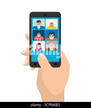 Video conference on smartphone with human finger tapping screen, symbolizing touch technology, remote meetings, online communication, and interactive Stock Vector