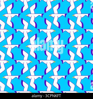 Seamless pattern with flying seagulls on a blue-pink background. Symbol of freedom, sea, nature, and nautical lifestyle. Perfect for wallpapers, texti Stock Vector