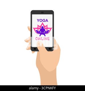 smartphone with yoga online logo. Symbol of digital fitness, meditation apps, healthy lifestyle, and wellness. Stock Vector