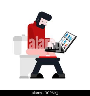 Person sitting on toilet with laptop, symbolizing the presence of technology everywhere, digital dependence, and the humorous side of modern lifestyle Stock Vector