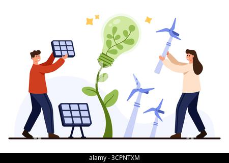 Two people support renewable energy using solar panels and wind turbines beside a green plant lightbulb, symbolizing eco-friendly power and sustainability isolated on white background vector illustration Stock Vector