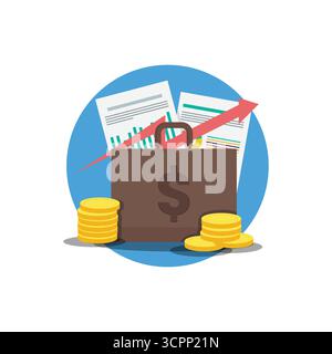 Flat design vector of business briefcase with dollar sign, coins, and financial reports. Great for investment, profit, and corporate finance themes. Stock Vector