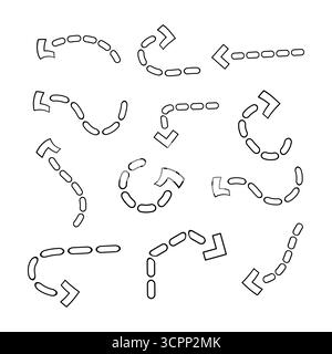 Set of Curved and Straight Dashed Arrows Illustration. A collection of dashed arrows in various curved, circular and straight directions. Stock Vector
