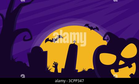 Landscape silhouette illustration of midnight graveyard with bats, raising hand, and creepy pumpkin against purple sky with yellow full moon. Stock Vector