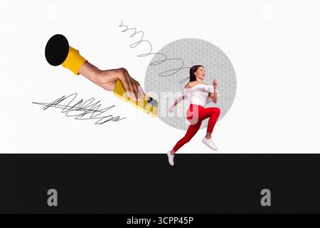 Collage showing a woman running joyfully away from a hand holding smartphone, symbolizing digital speed and online life Stock Photo