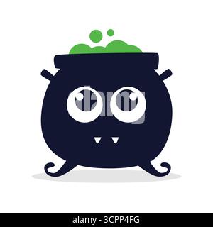 Cute and adorable cauldron flat illustration with big eyes and tiny fangs isolated on white background. Stock Vector