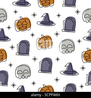 Halloween themed seamless pattern featuring playful illustrations of jack o lanterns, skulls, witch hats, and gravestones perfect for wrapping paper. Stock Vector