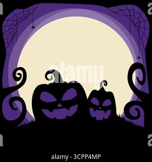 Halloween silhouette background with smiling pumpkins, and full moon against purple midnight sky. Stock Vector