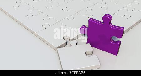 A purple textured puzzle piece with golden detail. Representing connection and problem-solving. Concept of a broken or incomplete idea. 3d rendering. Stock Photo