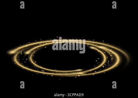 Golden Circle Light Frame Elegant Gold Frame Invitation. Golden circle frame of gold glitter light particles. shiny sparkling round line circles with Stock Photo