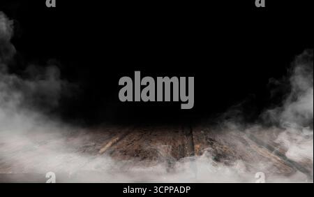 On a black background, an empty wooden table with smoke floats up. Empty space for displaying your products, with a smoke float up on a dark backgroun Stock Photo