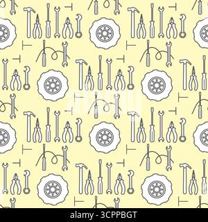 Seamless pattern featuring automotive tools and wheels on a pale yellow background vector Stock Vector