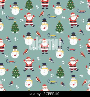 Christmas pattern with Santa Claus, snowmen, trees, and birds on green background vector Stock Vector
