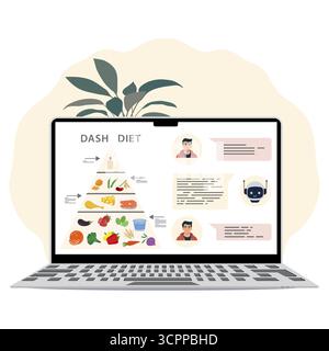 Dash diet pyramid on laptop screen with chatbot conversation and leafy plant in background vector Stock Vector