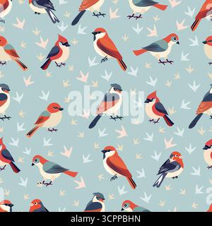 Seamless pattern of colorful birds on light blue background with scattered bird tracks vector Stock Vector