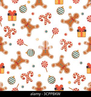 Gingerbread cookies, candy canes, and gifts on seamless Christmas-themed festive background vector Stock Vector