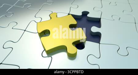 Golden puzzle piece hovering over a fitting space. Bright yellow puzzle piece about to complete a pale blue puzzle. 3d rendering. Stock Photo