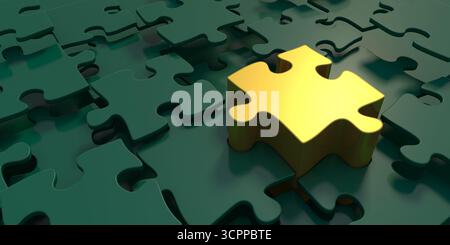 Golden puzzle piece mmong green jigsaw pieces. This striking visual highlights the importance of finding the right piece. 3d rendering. Stock Photo