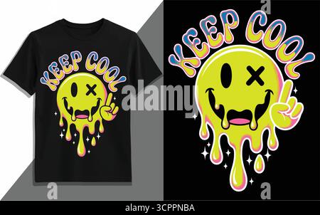 Keep Cool Melting Smiley Face Vector Illustration – Funny Dripping Emoji Cartoon T-Shirt Design with Retro Typography Stock Vector