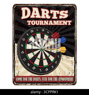 Darts Tournament vintage rusty metal sign on a white background, vector illustration Stock Vector