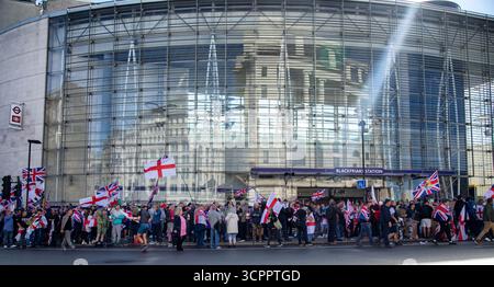 LONDON, UK. 13th August 2025. Protesters of the Unite the Kingdom march, standing outside Farringdon Train Station. Photo Credit: Ian Humphreys Stock Photo