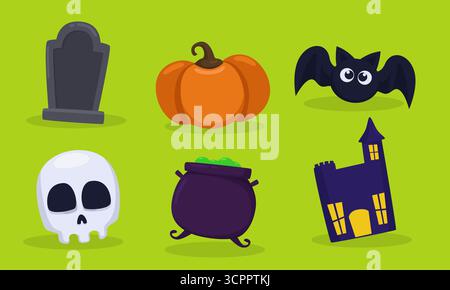 Halloween clip art illustration set featuring tombstone, pumpkin, and bat on green background. Stock Vector