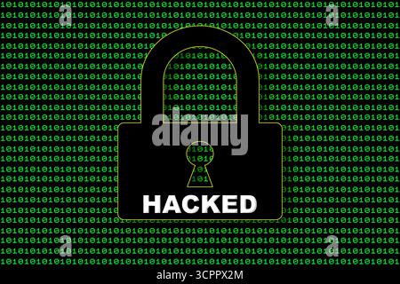 A digital padlock with the word "Hacked" overlaid on it, set against a green backdrop covered in cascading streams of binary code Stock Photo