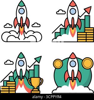 Business startup rocket scenes representing business growth, success, and financial progress Stock Vector