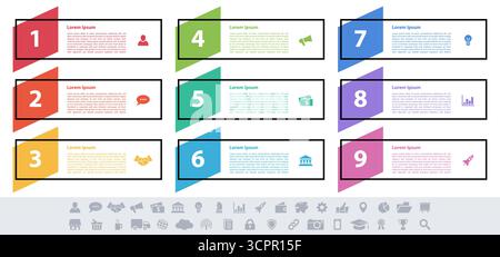 Infographic design business concept vector illustration with 9 steps or options or processes represent work flow or diagram or web button banner Stock Vector