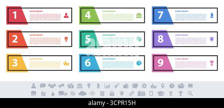 Infographic design business concept vector illustration with 9 steps or options or processes represent work flow or diagram or web button banner Stock Vector