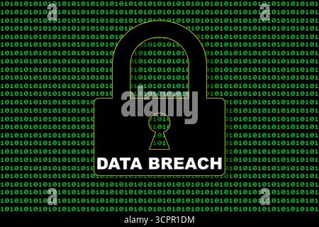 A digital padlock displaying the phrase "Data Breach" placed against a green background filled with cascading binary code streams Stock Photo