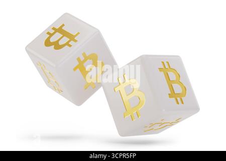 White dice with bitcoin sign isolated on white background. 3d illustration. Stock Photo