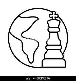 King chess piece with globe line icon. Global strategy and business power. International relations, corporate success, and worldwide decision making. Stock Vector