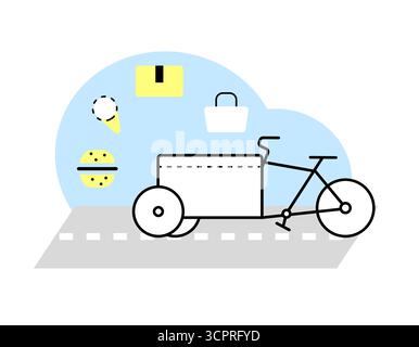 Tricycle with front loader, parcels and products for delivery service composition, flat geometric style. Stock Vector