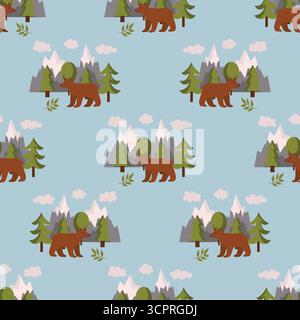 Seamless pattern with camping theme featuring brown bear, mountains and trees on blue background in polka dot order. Flat cartoon style nature design Stock Vector