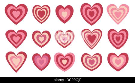 Pink and red striped groovy Y2K hearts set in flat cartoon style. Cute colorful hand drawn clipart collection for Valentine's Day. Romantic love symbo Stock Vector