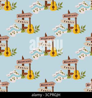 Seamless camping pattern with map, guitar, mushroom and wooden pointer to mountain and forest on blue background in polka dot order. Flat cartoon styl Stock Vector