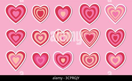 Pink and red stickers set with striped groovy Y2K hearts in flat cartoon style. Cute colorful hand drawn clipart collection for Valentine's Day. Roman Stock Vector