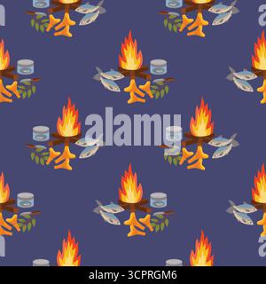 Seamless camping pattern with bonfire, fishes, canned fish, mushrooms and knife on dark blue background in polka dot order. Flat cartoon style outdoor Stock Vector