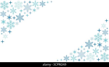 Corners frame with blue snowflake and star in winter holiday theme in flat cartoon style. Cute hand drawn clipart for seasonal design, greeting card, Stock Vector