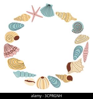 Round frame with sea shell in cute pastel color, traveling and vacation theme in flat cartoon style. Hand drawn clipart for summer design, tourism, tr Stock Vector