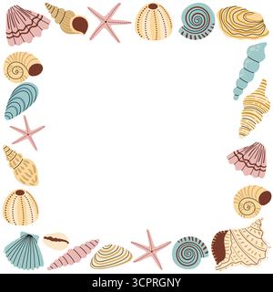 Square frame with sea shell in cute pastel color, traveling and vacation theme in flat cartoon style. Hand drawn clipart for summer design, tourism, t Stock Vector