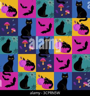 Vector seamless Halloween pattern with black cats, pumpkins, bats, spider webs, mushrooms and autumn leaves on dark purple background. Stock Vector